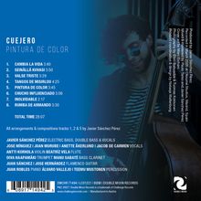 "Cuejero — Pintura de Color” mit 8 Titeln, Gesamtzeit 28:07. Musiker und Instrumente auf blauem Hintergrund. Logo unten rechts.