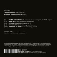 Ein schwarzer Hintergrund mit weißem Text. Titel: "Darkness". Künstler: Thilo Dahlmann, Hedayet Jonas Djeddikar. Werke von Schumann, Wolf, Strauss, Martin, Brahms. Total time: 60:55.