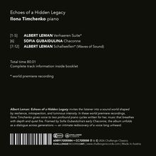 "Echoes of a Hidden Legacy" mit Ilona Timchenko am Klavier. Werke von Albert Leman und Sofia Gubaidulina. 80 Minuten.