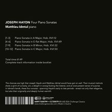 Ein schwarzer Hintergrund mit weißem Text. Titel: "JOSEPH HAYDN Four Piano Sonatas", Pianist: "Matthieu Idmtal". Vier Sonaten gelistet.
