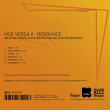 "VICE VERSA II - REBOUNCE", Musiktitel und Zeiten, Künstler: Bram De Looze, Felix Henkelhausen, Eric McPherson. Orange Hintergrund.