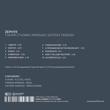Album "Zephyr" von Yukari, Thomas Morgan, Satoshi Takeishi. Zehn Titel, Tracklängen angegeben. Kompositionen von Yukari und Synchronic.