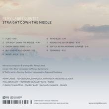 "RÉMY LABBÉ QUINTET, STRAIGHT DOWN THE MIDDLE" mit 9 Musiktiteln, darunter "FLEX" und "AFRO BLUE". Hintergrund: sanfte Wolken am Himmel.