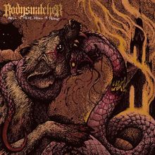 "HELL IS HERE, HELL IS HOME" steht oberhalb. Ein düsteres, detailreiches Bild zeigt einen Kampf zwischen einer Hyäne und einer Schlange vor einer brennenden Szenerie.