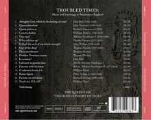 Ein Albumcover mit Titeln und Komponistenlisten. "TROUBLED TIMES: Music and Espionage in Renaissance England", "THE QUEEN'S SIX".