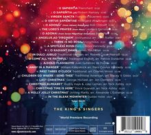 Eine Liste von 22 Musikstücken mit Titeln und Komponisten. Bunte Lichter im Hintergrund. "THE KING'S SINGERS".