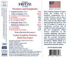 Texte: "Gregory FRITZE (b. 1954) Overtures and Symphonies", "London Overture (2022) 8:46", "A Day in Valencia (2022) 28:30". Ein klassisches CD-Cover.