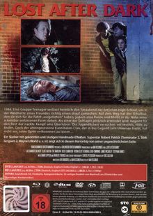 Text: "LOST AFTER DARK", "1984: Eine Gruppe Teenager...", unten Details zur DVD. Drei Filmbilder und Teenager an einer Wand. Gemälde-Stil.