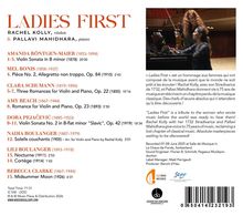 "LADIES FIRST" steht in großen Buchstaben. Werke von Komponistinnen wie Amanda Röntgen-Maier und Clara Schumann sind aufgeführt. Links unten ist ein Logo.