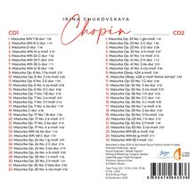 Titel: "IRINA CHUKOVSKAYA Chopin." CD1 und CD2 sind Tracklisten der Mazurken. Markenlogos und Informationen unten.