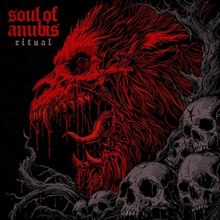 Text: "soul of anubis, ritual." Illustration eines roten, monsterähnlichen Wesens und Totenköpfe in einem düsteren Stil.