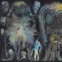 Keine erkennbaren Texte. Eine abstrakte Illustration mit geisterhaften Figuren und wirbelnden Mustern in düsteren Farben.