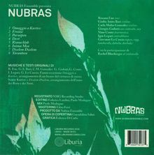 "NUBRAS Ensemble presenta NUBRAS" gefolgt von einer Titelliste und Details zu Musikern und Produktion. Grüner Hintergrund mit Logo.