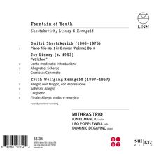 "Fountain of Youth: Shostakovich, Lisney & Korngold". Listet Werke von Shostakovich, Lisney und Korngold. Mithras Trio. LINN Logo.