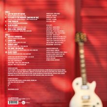Seite A und B listen Songs mit Beteiligten auf, daneben ein unscharfes Bild einer E-Gitarre vor rotem Hintergrund.