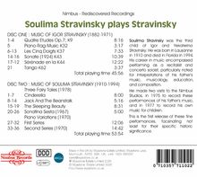 "Soulima Stravinsky plays Stravinsky" mit Titeln und Zeiten der Stücke von Igor und Soulima Stravinsky. Text beschreibt Karriere.
