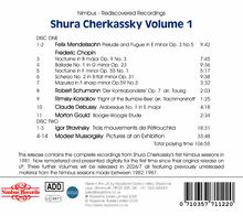 "Shura Cherkassky Volume 1" enthält Werke von Mendelssohn, Chopin, Schumann, Rimsky-Korsakov, Debussy, Gould, Stravinsky, und Mussorgsky.