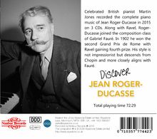 "Discover Jean Roger-Ducasse" steht in gelber Schrift. Text beschreibt Aufnahmen des Pianisten Martin Jones. Links ein Mann am Klavier.