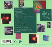 Cover von "The Alan Parsons Project: Eye in the Sky". Songliste auf grünem Hintergrund. Verschiedene Bilder und Symbole.