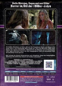"Heiße Mädchen, Ziegen und zwei Killer. Horror im Stil der 1980er-Jahre." Vier Szenen aus einem Horrorfilm mit blutiger Frau.