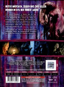 **Text:**  
Heisse Mädchen, Ziegen und zwei Killer  
Horror im Stil der 1980er-Jahre  

**Beschreibung:**  
Illustration eines Ziegenkopfes, drei Filmstills unten.