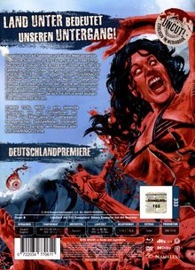 "LAND UNTER BEDEUTET UNSEREN UNTERGANG!" und "DEUTSCHLANDPREMIERE". Illustration: Rote Gestalt mit bedrohlichem Gesichtsausdruck.