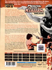 Ein Werbetext beschreibt die "Meister aller Klassen" Trilogie mit Jackie Chan in actiongeladenen Szenen. Links sind Filminfos.