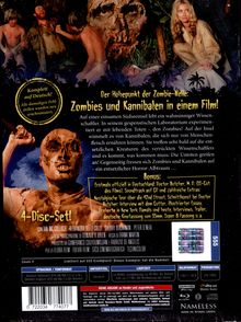 Text: "Komplett auf Deutsch! Zombies und Kannibalen in einem Film!" Eine Horrorfilm-DVD-Verpackung mit Zombie-Bildern.