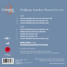 Texte zu Mozart-Konzerten, Ning Feng als Violinist, Kammerakademie Potsdam, Logos von Musiklabels. Hintergrund in Blau.