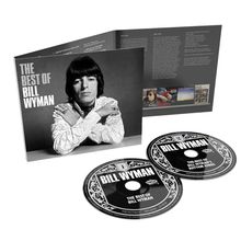 "The Best of Bill Wyman" auf CD-Hüllen und Karten. Schwarz-weiße Porträtaufnahme eines Mannes mit gekreuzten Armen.
