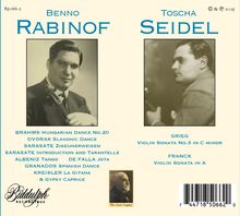 "Benno Rabinof" und "Toscha Seidel" oben. Werke von Brahms, Dvorak, Grieg. Zwei Fotos von Männern mit Instrument.