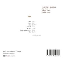 Titel "Fam" mit sieben Tracknamen und Zeiten. Künstler: Christos Barbas, Nabil Naïr. Oben rechts. Unten Barcode.