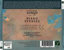 Text: "Alessandro Longo Piano Studies" mit Angaben zu Studien und Interpreten. Hintergrund zeigt Wolken und Himmel.