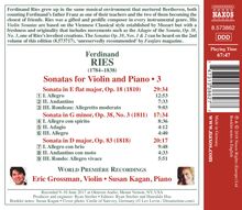 Ferdinand Ries (1784-1838): Sonaten für Violine &amp; Klavier Vol.3, CD