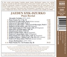 Texte links oben: "In this recital, prize-winning Canadian pianist Jaeden Izik-Dzurko... available on 9.70408."  
Darunter Überschrift: "JAEDEN IZIK-DZURKO Piano Recital".  
Rechts daneben: "NAXOS".  
Titel und Komponisten:  
Alexander Scriabin (1872–1915), Werke 1-13 mit Spielzeiten.  
Sergey Rachmaninov (1873–1943), Werk 14-16.  
Gesamtspielzeit: "76:54".