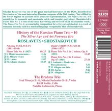 Text oben: "Nikolay Roslavets was one of the great musical innovators..."
Werke: "Piano Trio No. 4", "Shostakovich".
Interpreten: "The Brahms Trio". Gesamtspielzeit: 79:33.