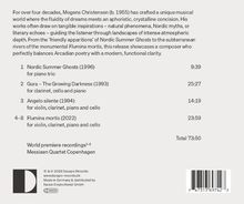 Text über Mogens Christensen und seine Musik. Enthält Werke mit Gesamtspieldauer und Angaben zu den Instrumenten, Ensemble ist Messiaen Quartet Copenhagen.