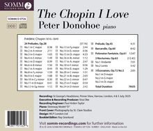 CD-Cover von "The Chopin I Love" mit Peter Donohoe. Liste von Chopins Stücken, Dauer, Aufnahme-Details und Website.
