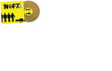 Text: "NOFX". Gelbe Hintergrundfarbe mit schwarzen Strichmännchen, eines liegend. Runde, goldene Schallplatte.