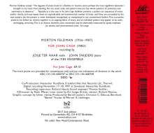 Morton Feldman (1926-1987): For John Cage für Violine &amp; Klavier, CD