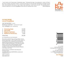 Zitate über Musik ohne Harmonien, Albumtitel "FUTURE DRONE", Tracks mit Zeiten, Künstler mit Instrumenten, Logo von Hat Hut Records.