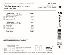 CD-Cover mit Informationen zu Chopins Klavierkonzerten, Interpreten Christian Zacharias und Orchester aus Lausanne.