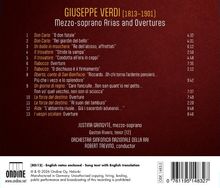 "Giuseppe Verdi (1813–1901) Mezzo-soprano Arias and Overtures" – eine Trackliste mit Werken von Verdi.