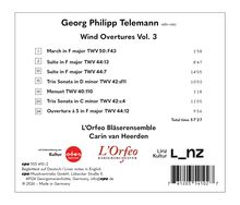 CD-Rückseite mit Werken von Georg Philipp Telemann: sieben Titel und ihre Dauer. L'Orfeo Bläserensemble. Enthält Logos.