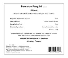 Texte: Bernardo Pasquini, Il Mosè, Oratorio in Two Parts, vier Stimmen, 74’30. WESER-RENAISSANCE Bremen, Manfred Cordes.