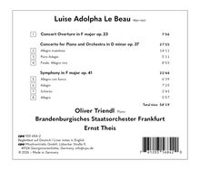 Beschreibung der Musikwerke von Luise Adolpha Le Beau. Enthält Werke wie "Concert Overture in F major op. 23" und weitere.