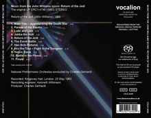 Soundtrack "Return of the Jedi" von John Williams. Auflistung von 11 Titeln. Super Audio CD Logo. Bunte, leuchtende Linien.