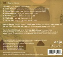 JISR - Hasra - Regret: Eine Trackliste mit sieben Liedern und Interpret*innen, sowie Produktionsdetails. Rechts unten enja yellowbird Logo.