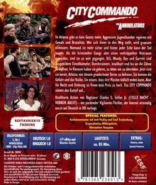 „CITY COMMANDO: THE ANNIHILATORS“ in großen Buchstaben. Texte beschreiben einen brutalen Vigilanten-Thriller in Atlanta.