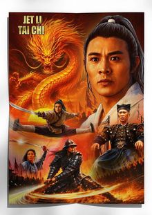 Text: "JET LI TAI CHI". Illustration mit einem goldenen Drachen, kämpfenden Kriegern und einem nachdenklichen Mann in traditioneller Kleidung.